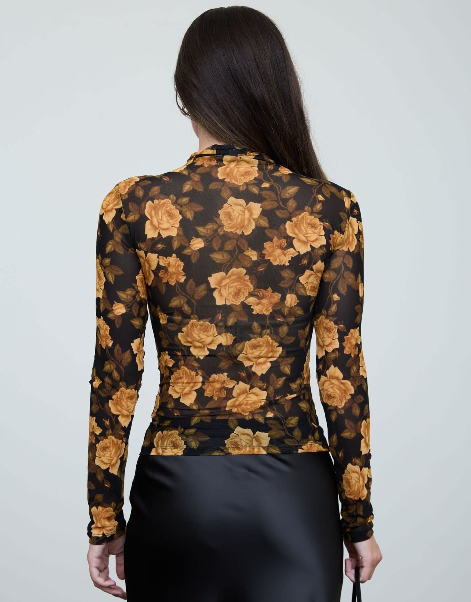 Miss Bliss Blu Floral Mesh Mock Nck Long Slv Top-Black/Combo
