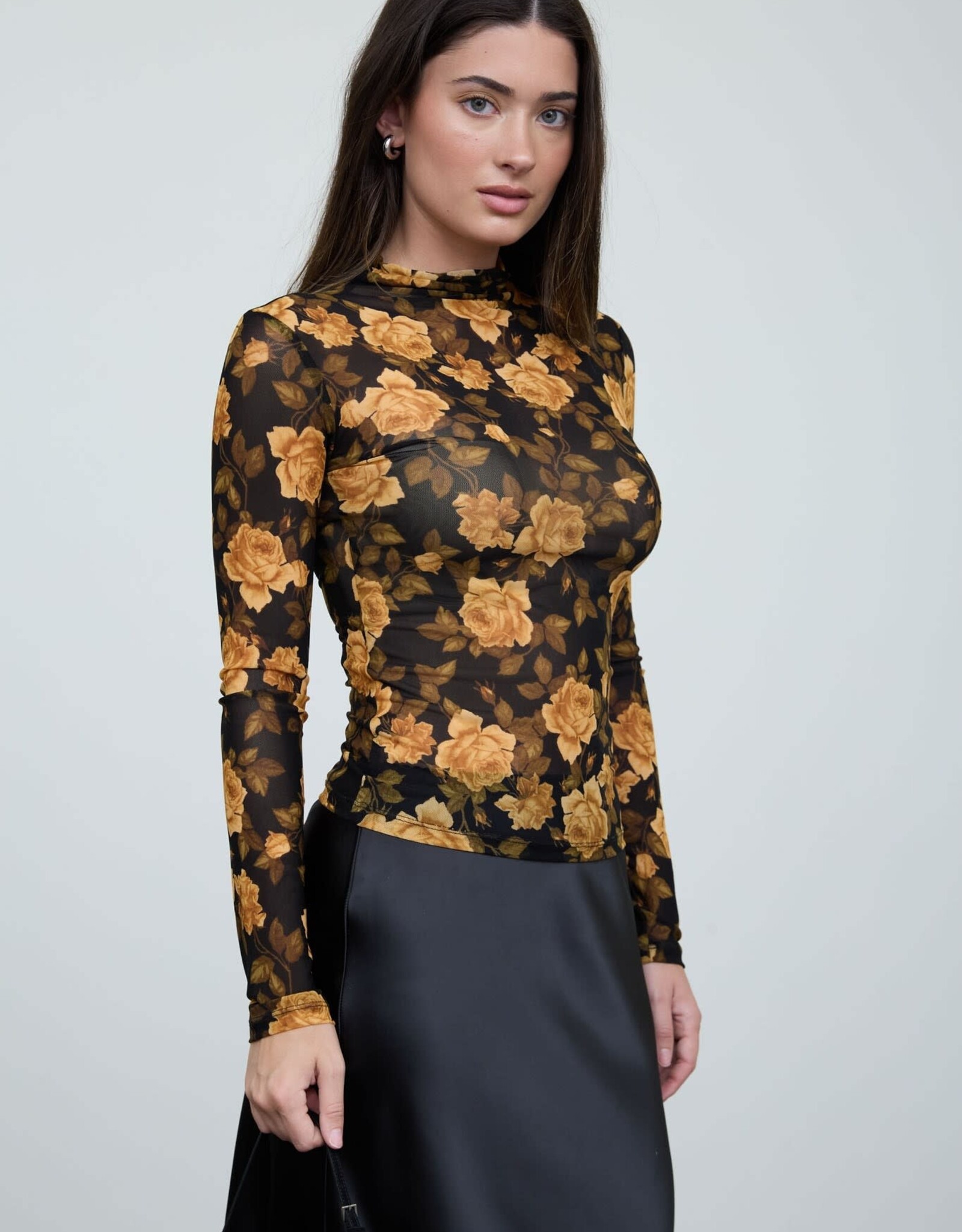 Miss Bliss Blu Floral Mesh Mock Nck Long Slv Top-Black/Combo