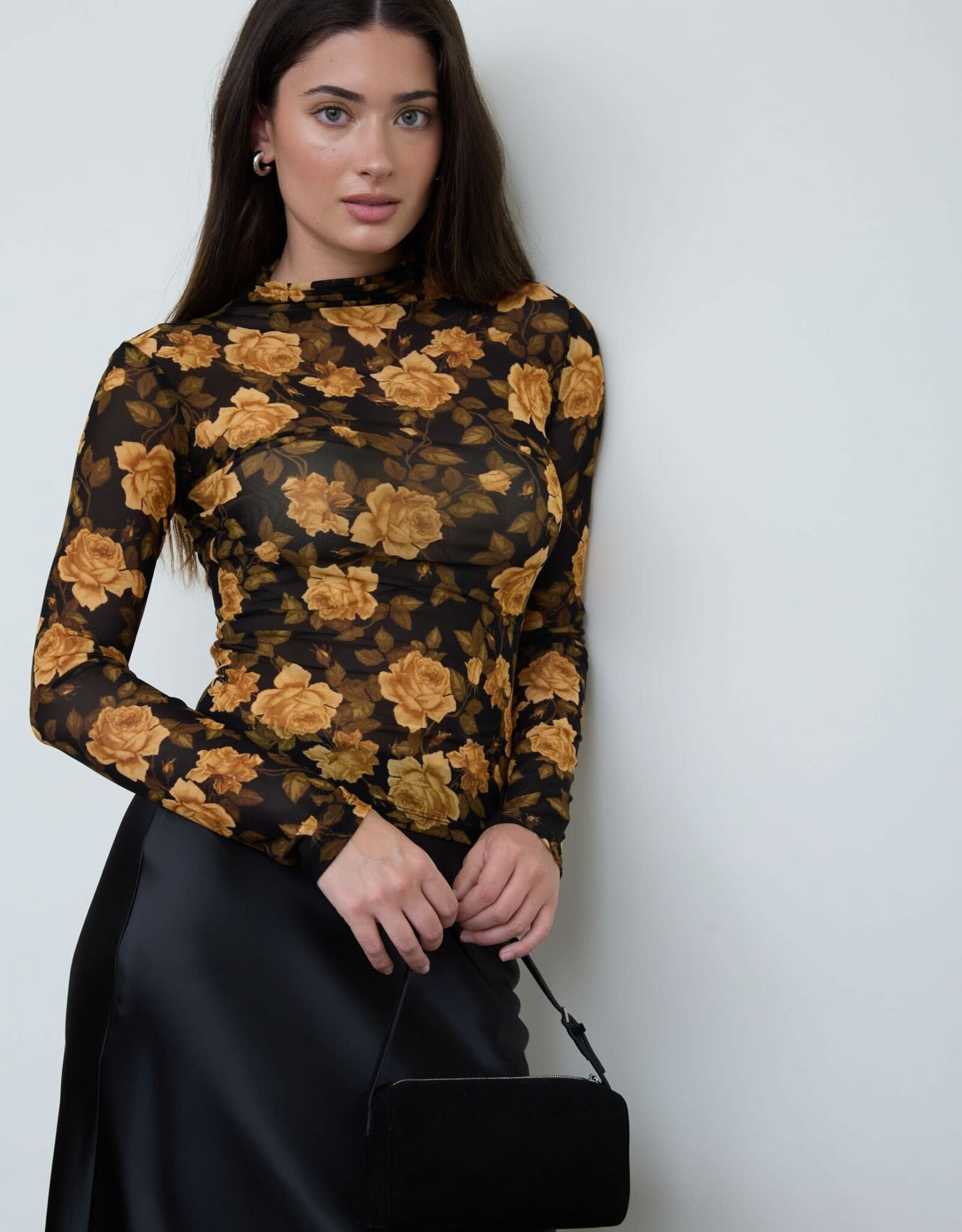 Miss Bliss Blu Floral Mesh Mock Nck Long Slv Top-Black/Combo