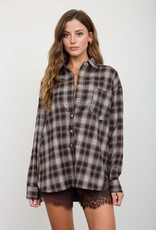 Miss Bliss Blu Plaid Collared Ls Button Down Woven Top-Chocolate B