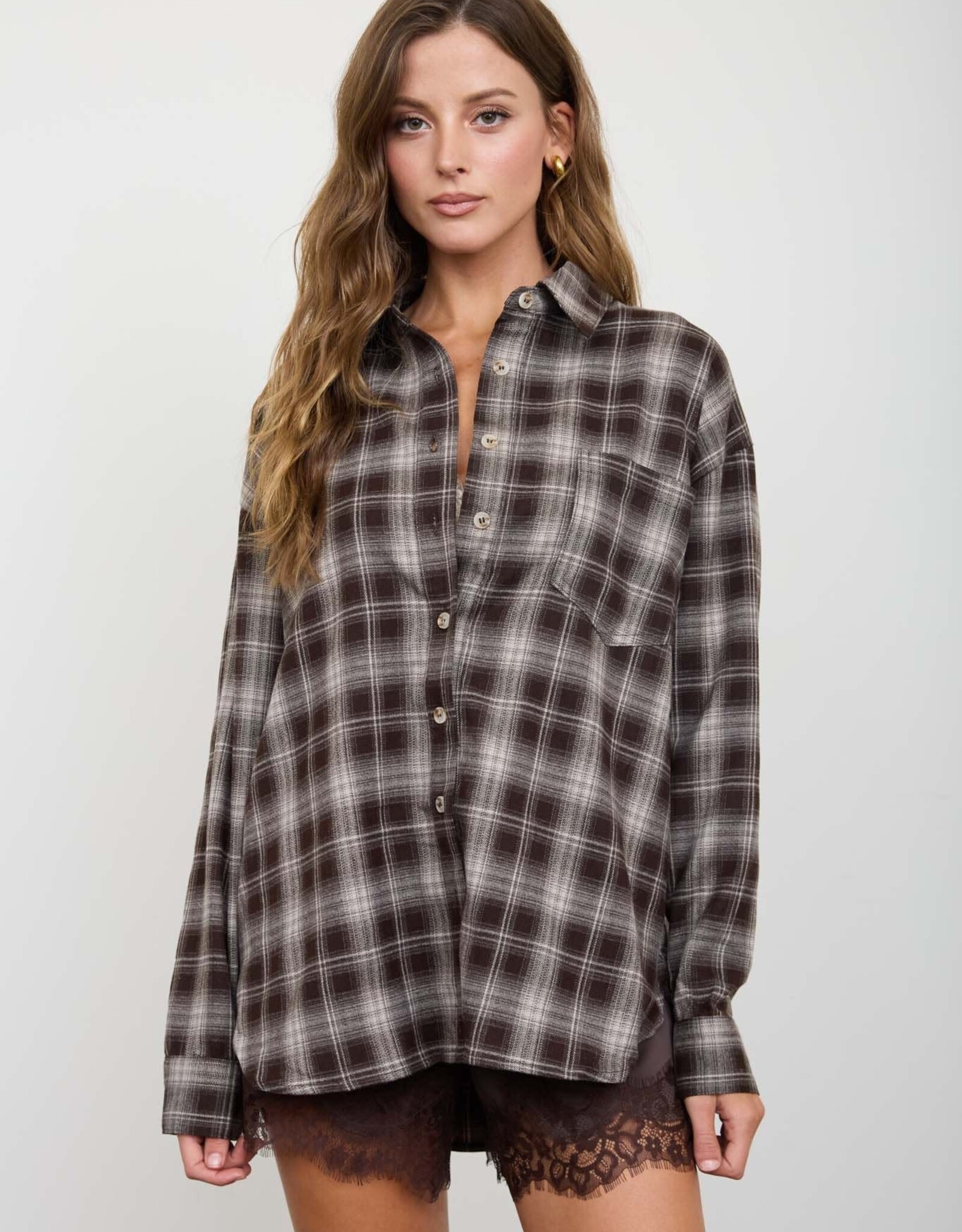 Miss Bliss Blu Plaid Collared Ls Button Down Woven Top-Chocolate B