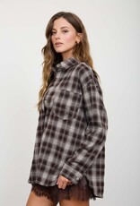 Miss Bliss Blu Plaid Collared Ls Button Down Woven Top-Chocolate B