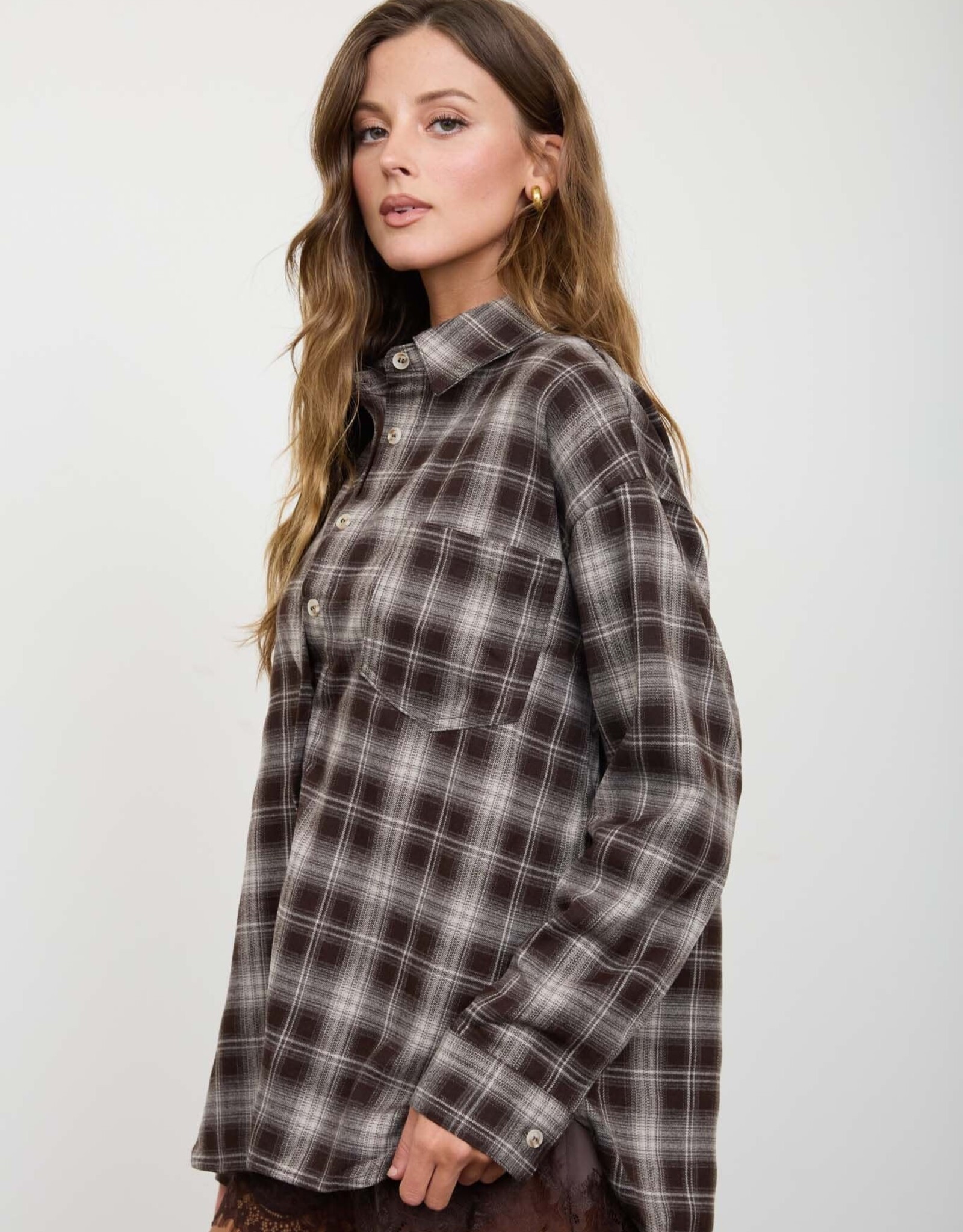 Miss Bliss Blu Plaid Collared Ls Button Down Woven Top-Chocolate B