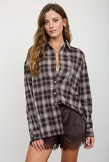Miss Bliss Blu Plaid Collared Ls Button Down Woven Top-Chocolate B