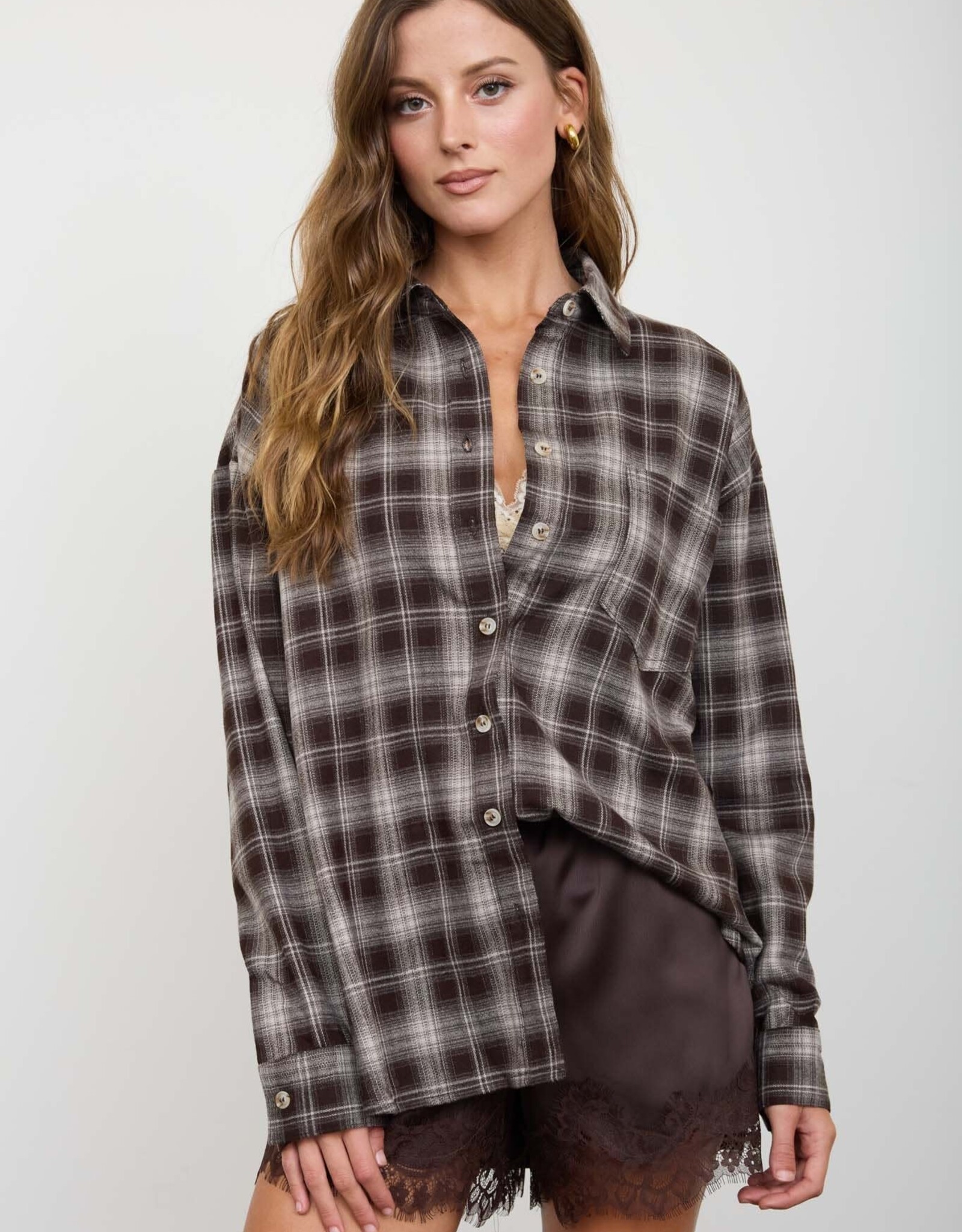 Miss Bliss Blu Plaid Collared Ls Button Down Woven Top-Chocolate B