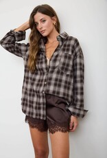 Miss Bliss Blu Plaid Collared Ls Button Down Woven Top-Chocolate B