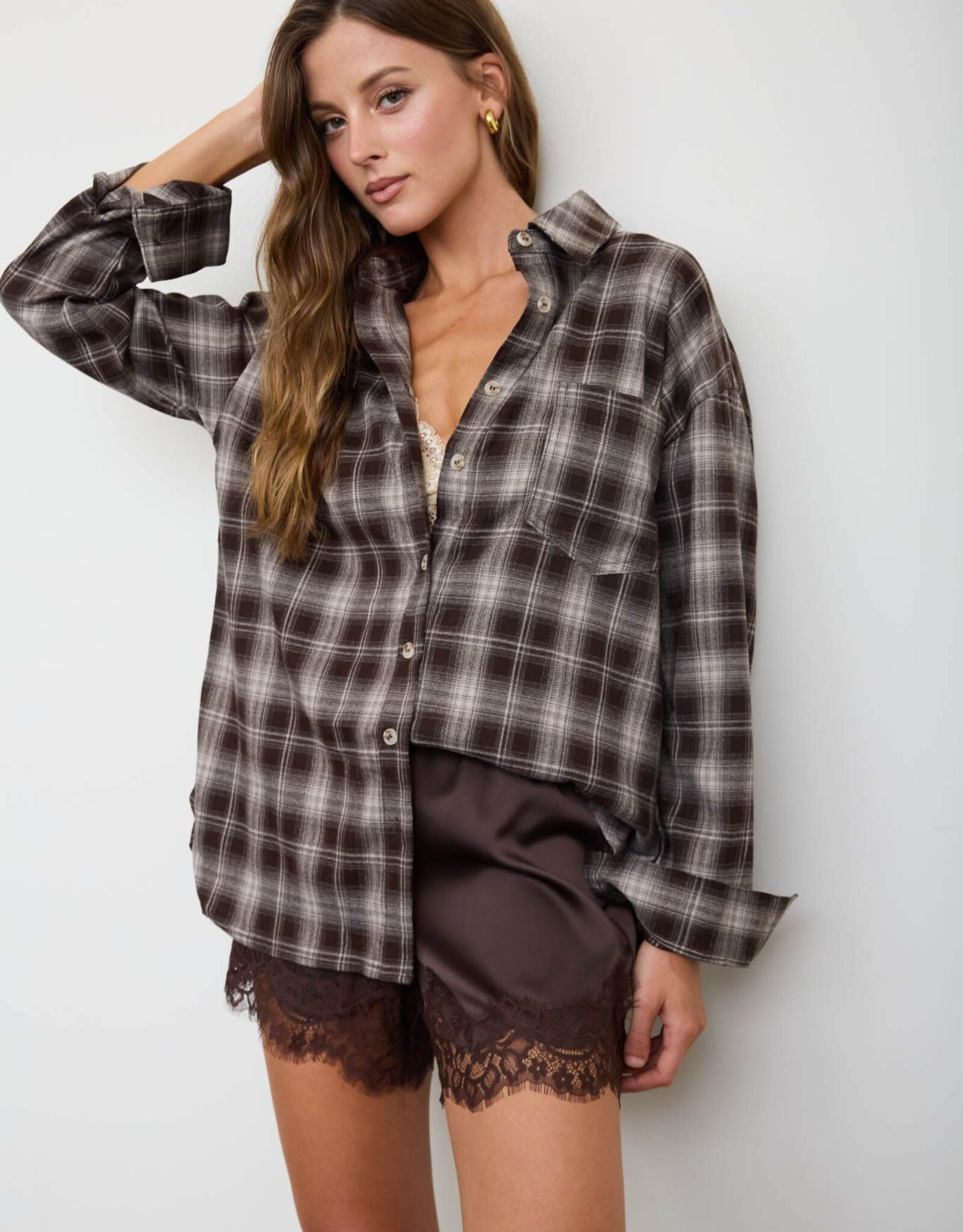 Miss Bliss Blu Plaid Collared Ls Button Down Woven Top-Chocolate B