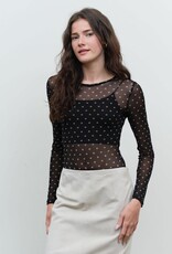 Miss Bliss Blu Polka Dot Sheer Mesh Ls Bodysuit-Black