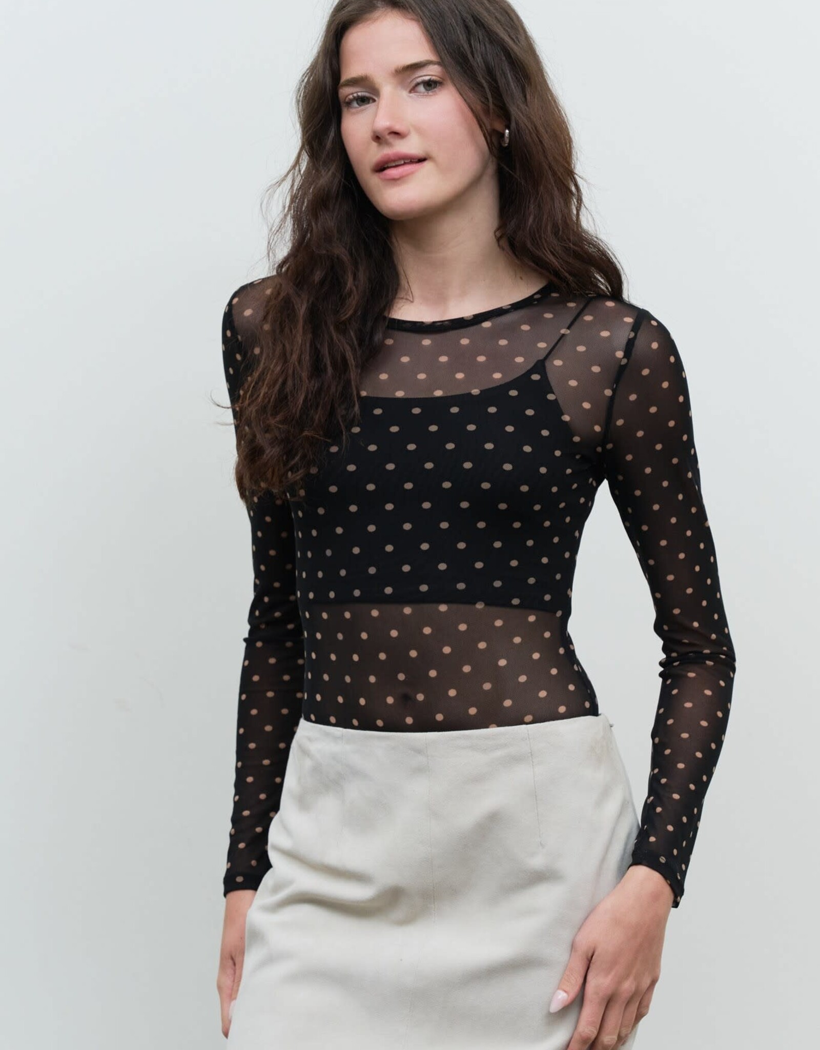 Miss Bliss Blu Polka Dot Sheer Mesh Ls Bodysuit-Black
