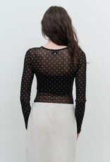 Miss Bliss Blu Polka Dot Sheer Mesh Ls Bodysuit-Black