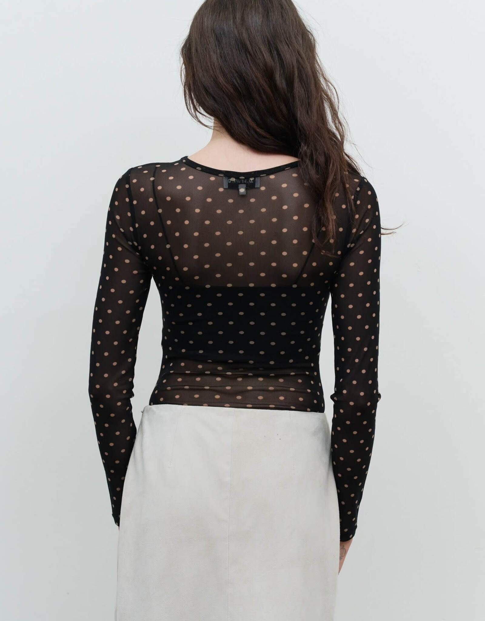 Miss Bliss Blu Polka Dot Sheer Mesh Ls Bodysuit-Black