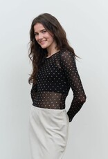 Miss Bliss Blu Polka Dot Sheer Mesh Ls Bodysuit-Black