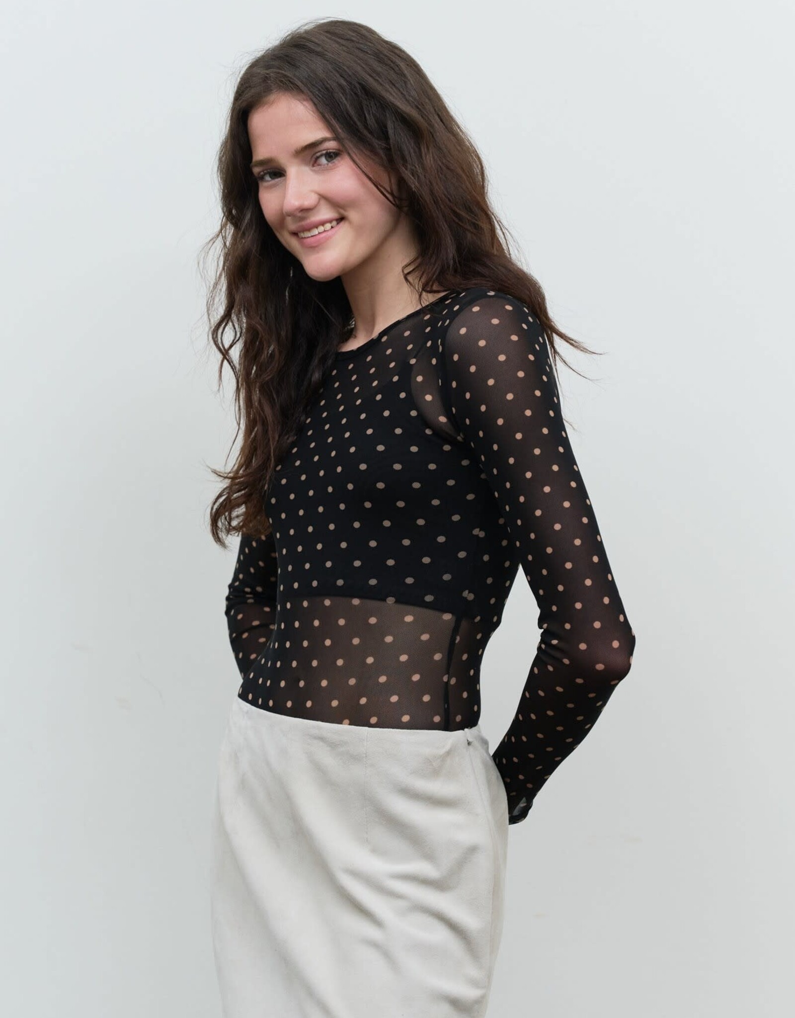 Miss Bliss Blu Polka Dot Sheer Mesh Ls Bodysuit-Black