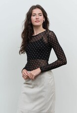 Miss Bliss Blu Polka Dot Sheer Mesh Ls Bodysuit-Black