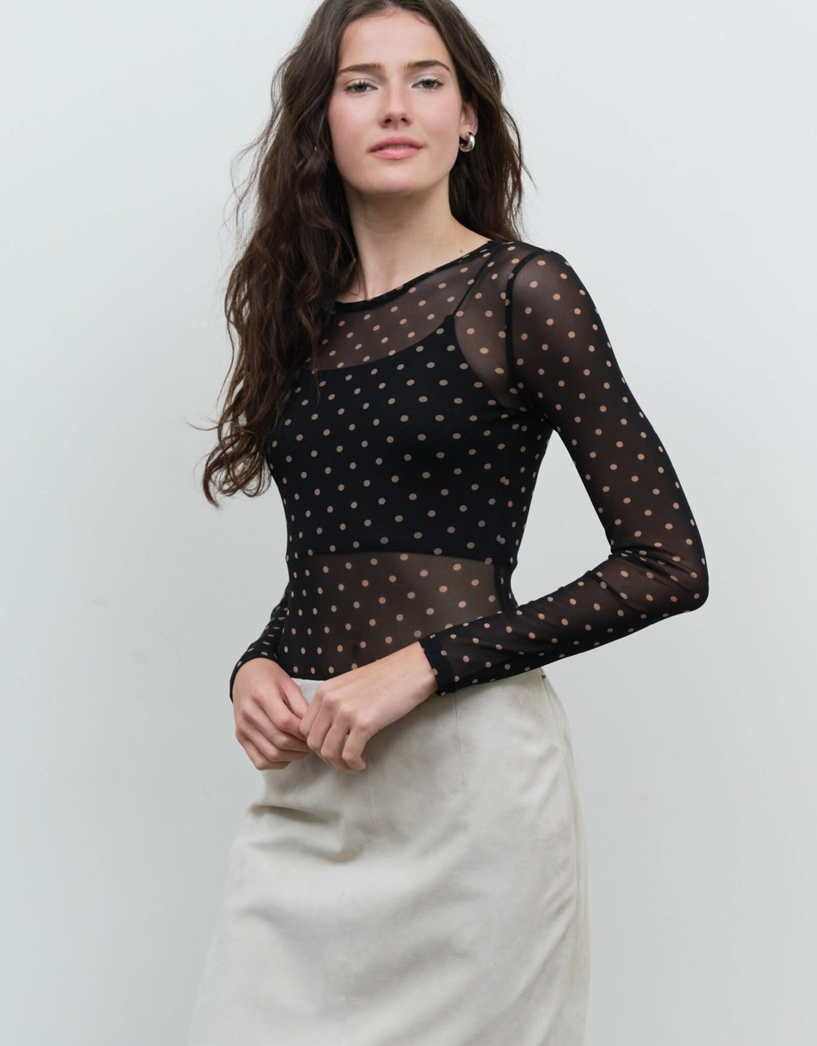 Miss Bliss Blu Polka Dot Sheer Mesh Ls Bodysuit-Black