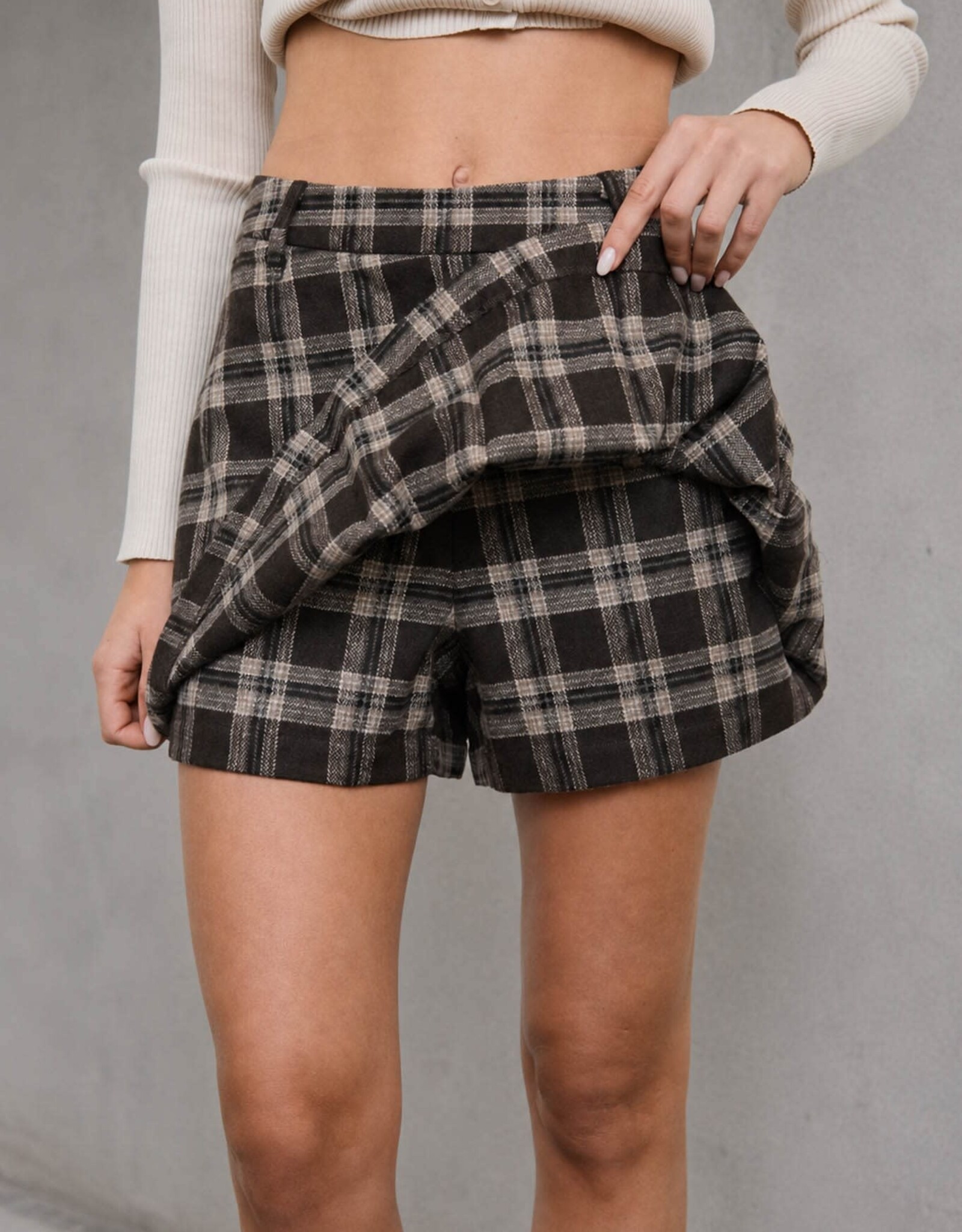 Miss Bliss Blu Plaid Pleated Mini Skort-Dark Brwn