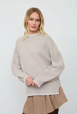Miss Bliss Blu Scalloped Trim Crew Nck Knit Pullover-Khaki
