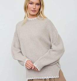 Miss Bliss Scalloped Trim Crew Knit Pullover-Khaki