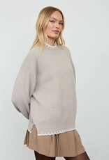 Miss Bliss Blu Scalloped Trim Crew Nck Knit Pullover-Khaki