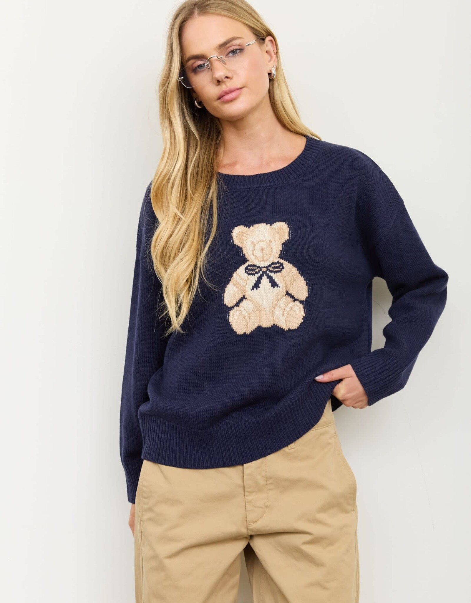 Miss Bliss Blu Teddy Jacquard Crew Nck Knit Swter-Navy