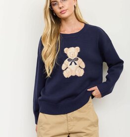 Miss Bliss Navy Teddy Jacquard Crew Neck Knit