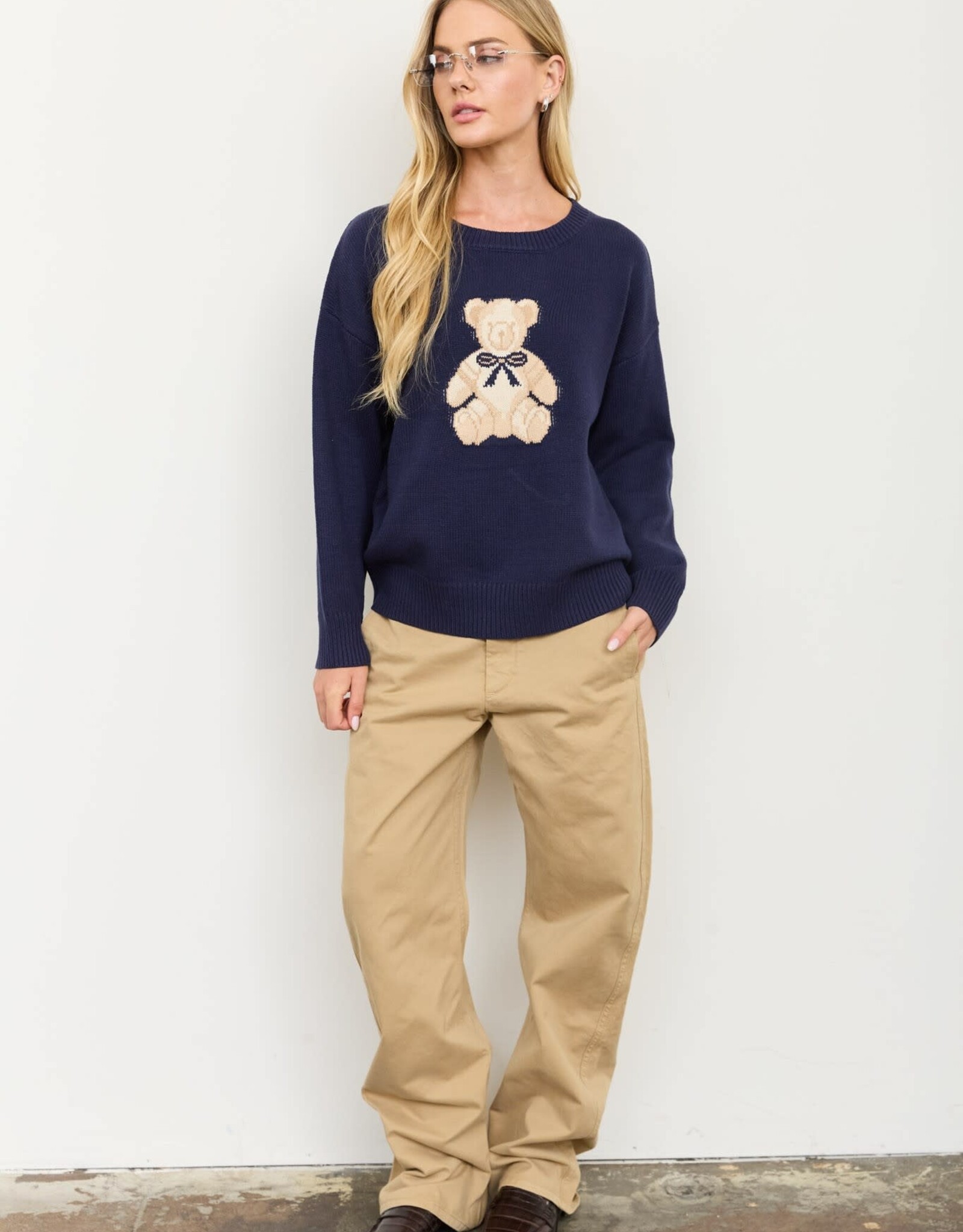 Miss Bliss Blu Teddy Jacquard Crew Nck Knit Swter-Navy