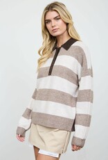Miss Bliss Blu Stripe Polo Collar LS Sweater-Ht Mocha