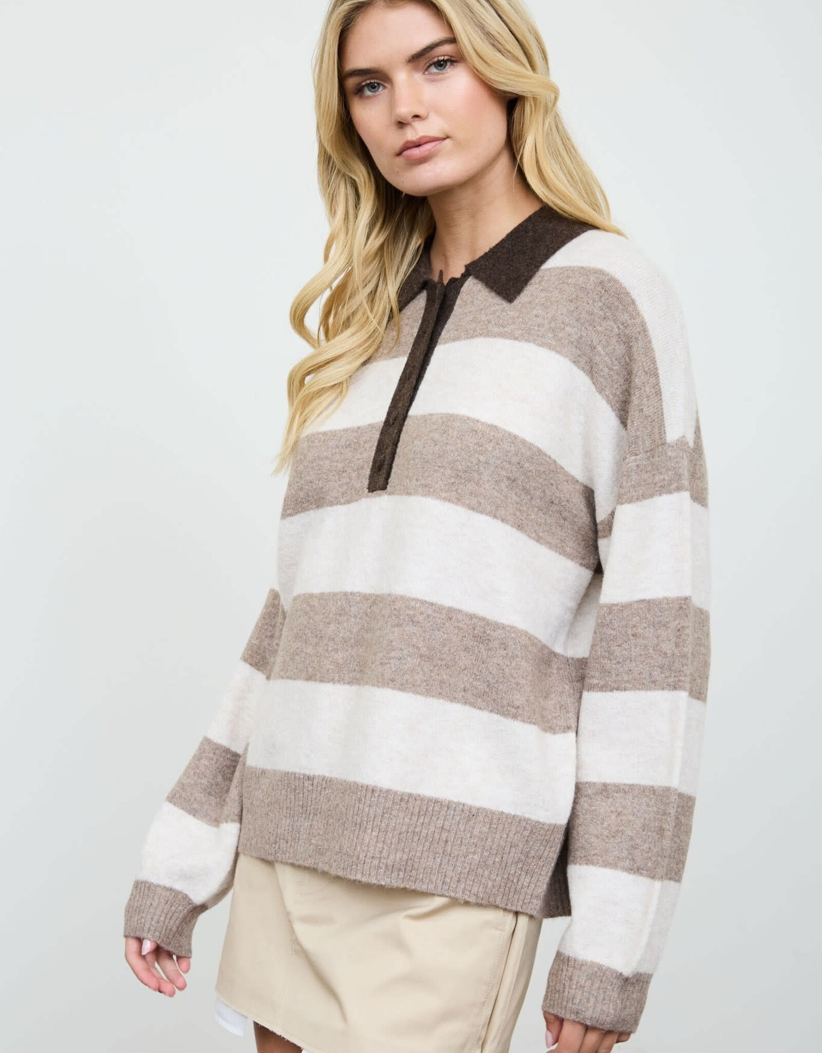 Miss Bliss Blu Stripe Polo Collar LS Sweater-Ht Mocha