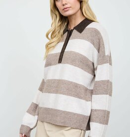 Miss Bliss Contrast Stripe Polo Collared Sweater-Mocha
