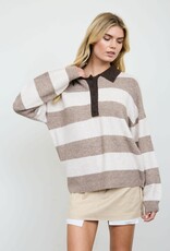 Miss Bliss Blu Stripe Polo Collar LS Sweater-Ht Mocha