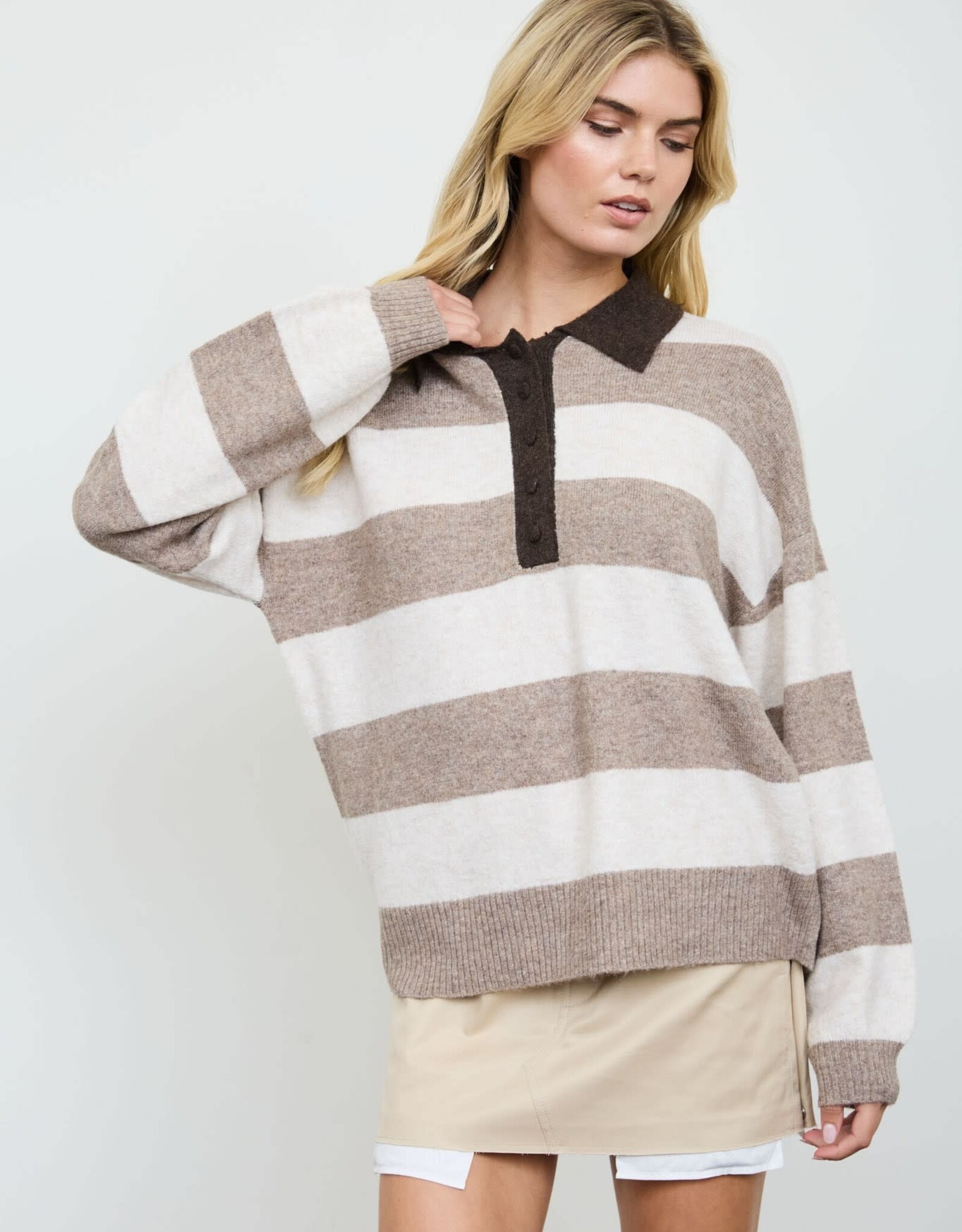 Miss Bliss Blu Stripe Polo Collar LS Sweater-Ht Mocha