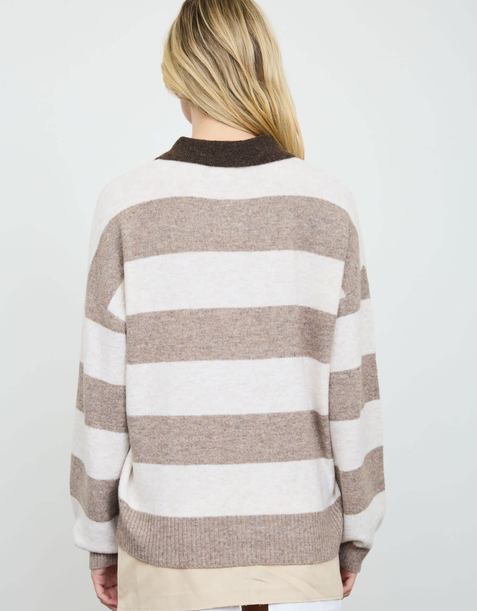 Miss Bliss Blu Stripe Polo Collar LS Sweater-Ht Mocha