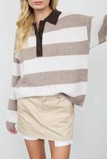 Miss Bliss Blu Stripe Polo Collar LS Sweater-Ht Mocha