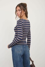 Miss Bliss Blu Scoop Neck Multi-stripe LS Knit Top-Navy