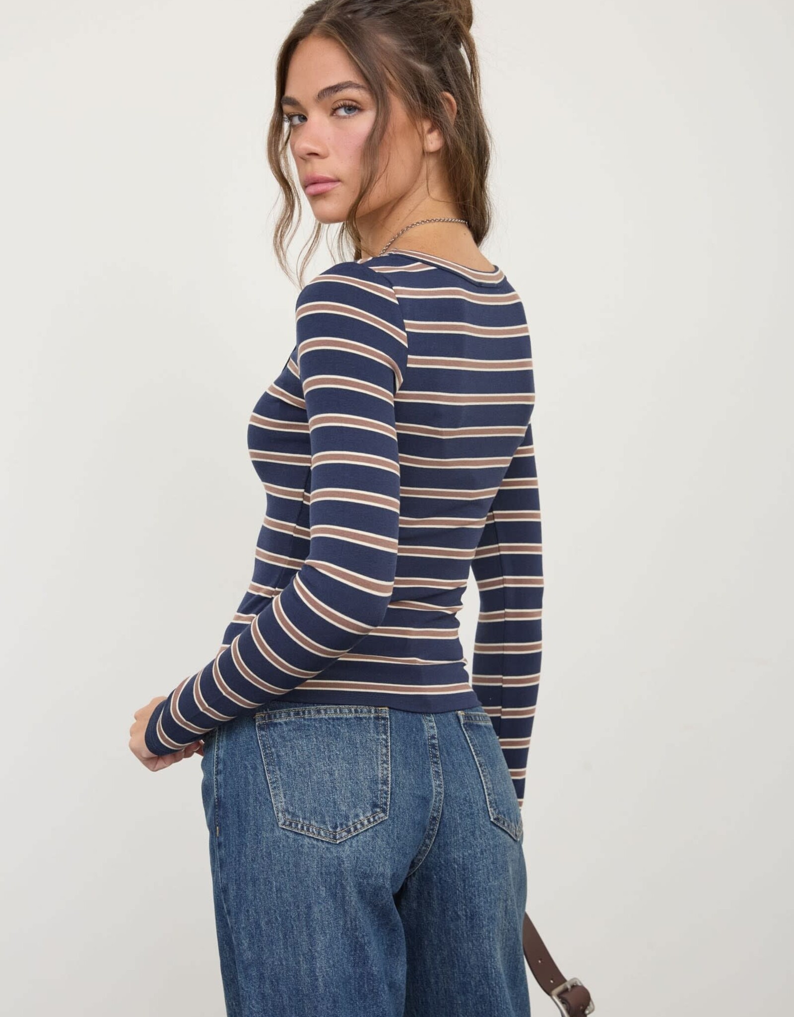 Miss Bliss Blu Scoop Neck Multi-stripe LS Knit Top-Navy