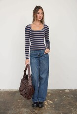 Miss Bliss Blu Scoop Neck Multi-stripe LS Knit Top-Navy