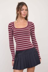 Miss Bliss Blu Scoop Neck Multi-stripe LS Knit Top-Oxblood