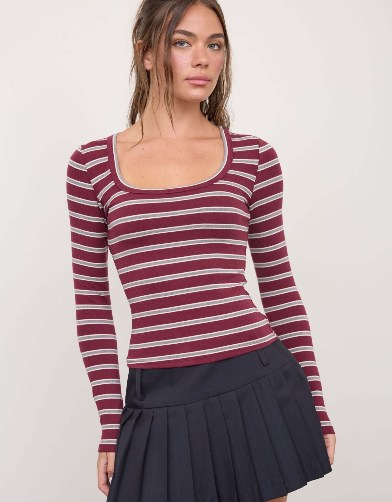 Miss Bliss Blu Scoop Neck Multi-stripe LS Knit Top-Oxblood