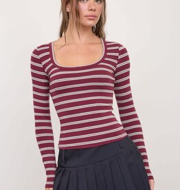Miss Bliss Scoop Neck Multi-Stripe Top-Oxblood