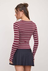 Miss Bliss Blu Scoop Neck Multi-stripe LS Knit Top-Oxblood