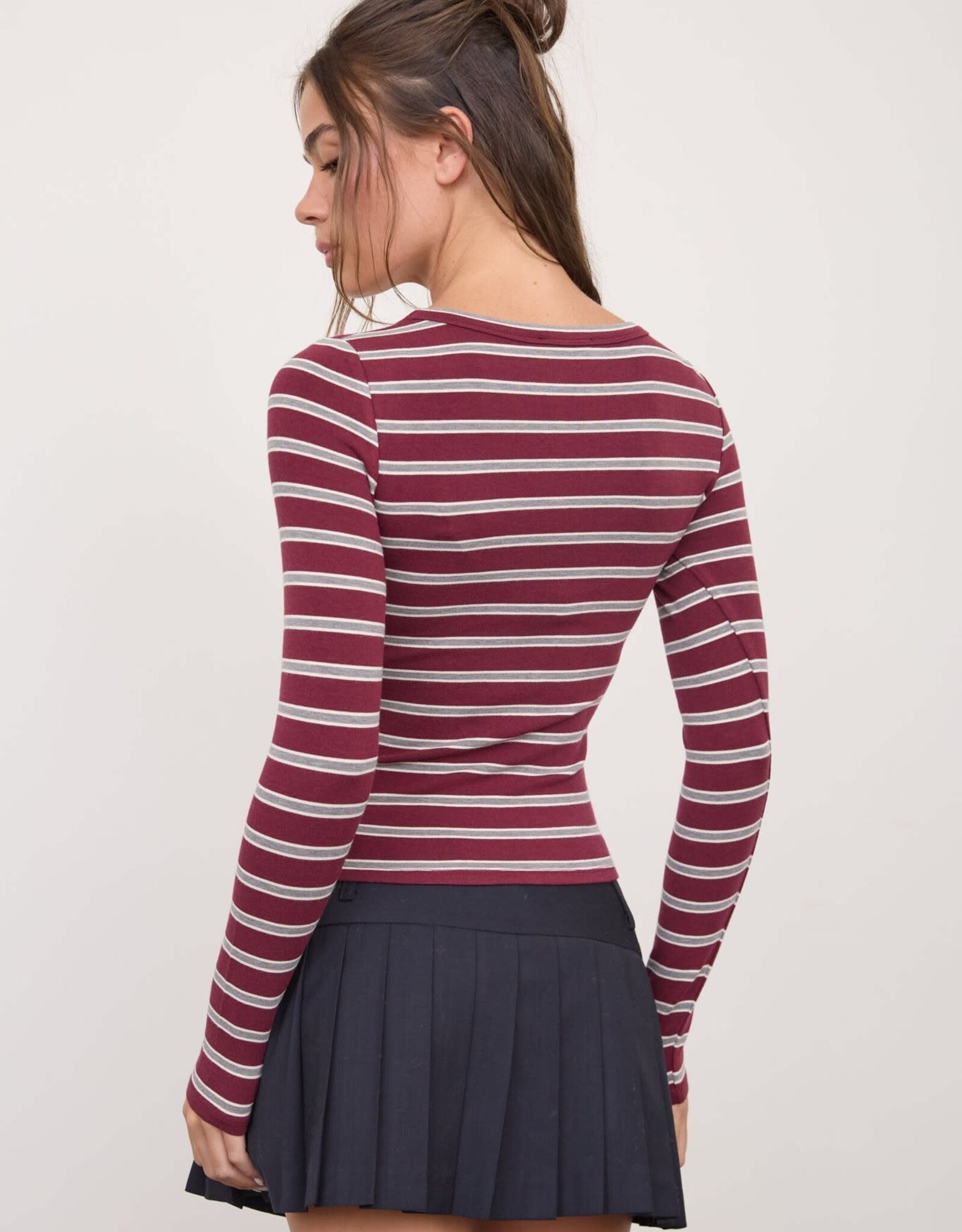 Miss Bliss Blu Scoop Neck Multi-stripe LS Knit Top-Oxblood