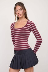 Miss Bliss Blu Scoop Neck Multi-stripe LS Knit Top-Oxblood