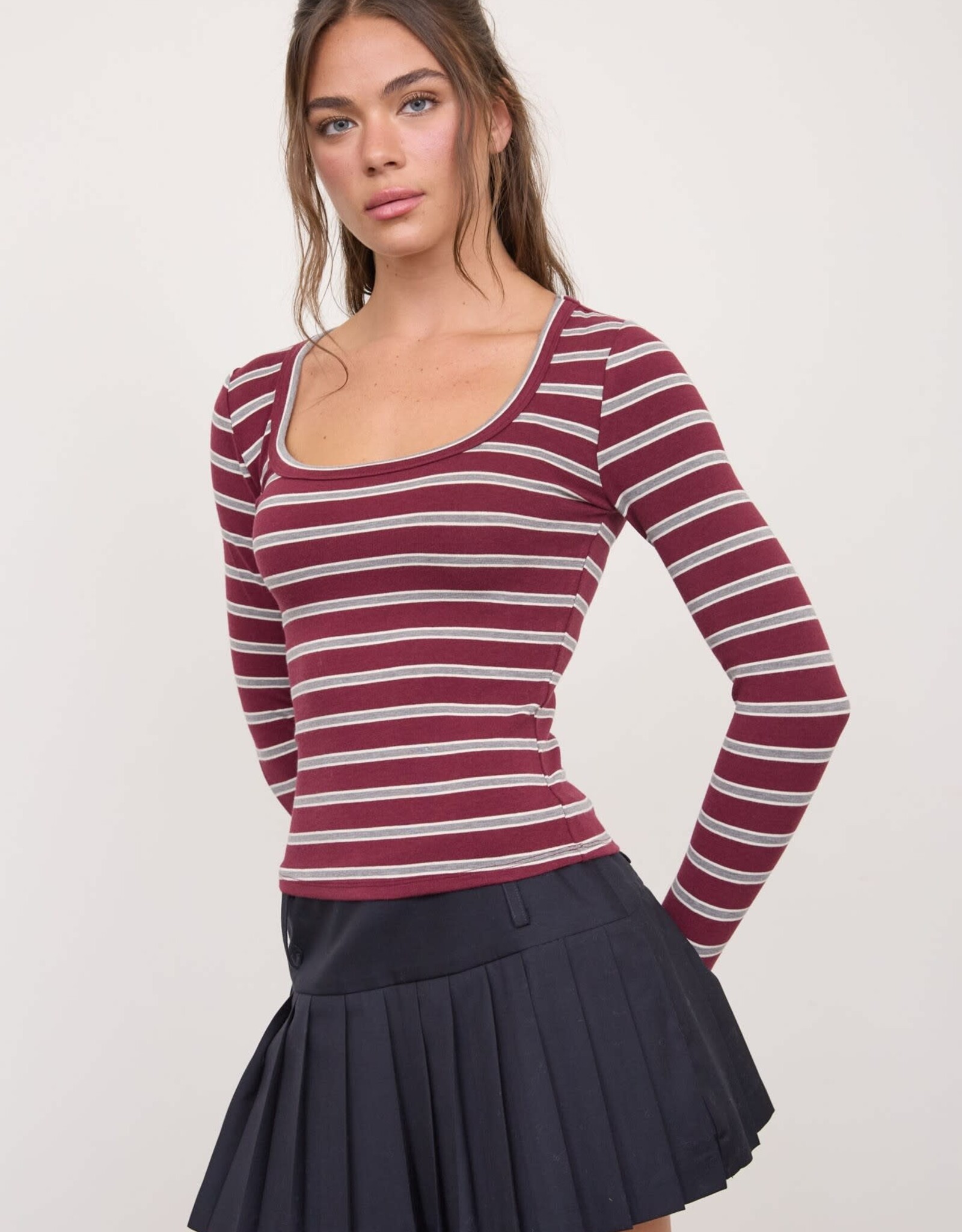 Miss Bliss Blu Scoop Neck Multi-stripe LS Knit Top-Oxblood
