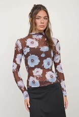 Miss Bliss Blu Mesh Floral Mock Neck LS Knit Top-Dark Brown