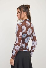 Miss Bliss Blu Mesh Floral Mock Neck LS Knit Top-Dark Brown