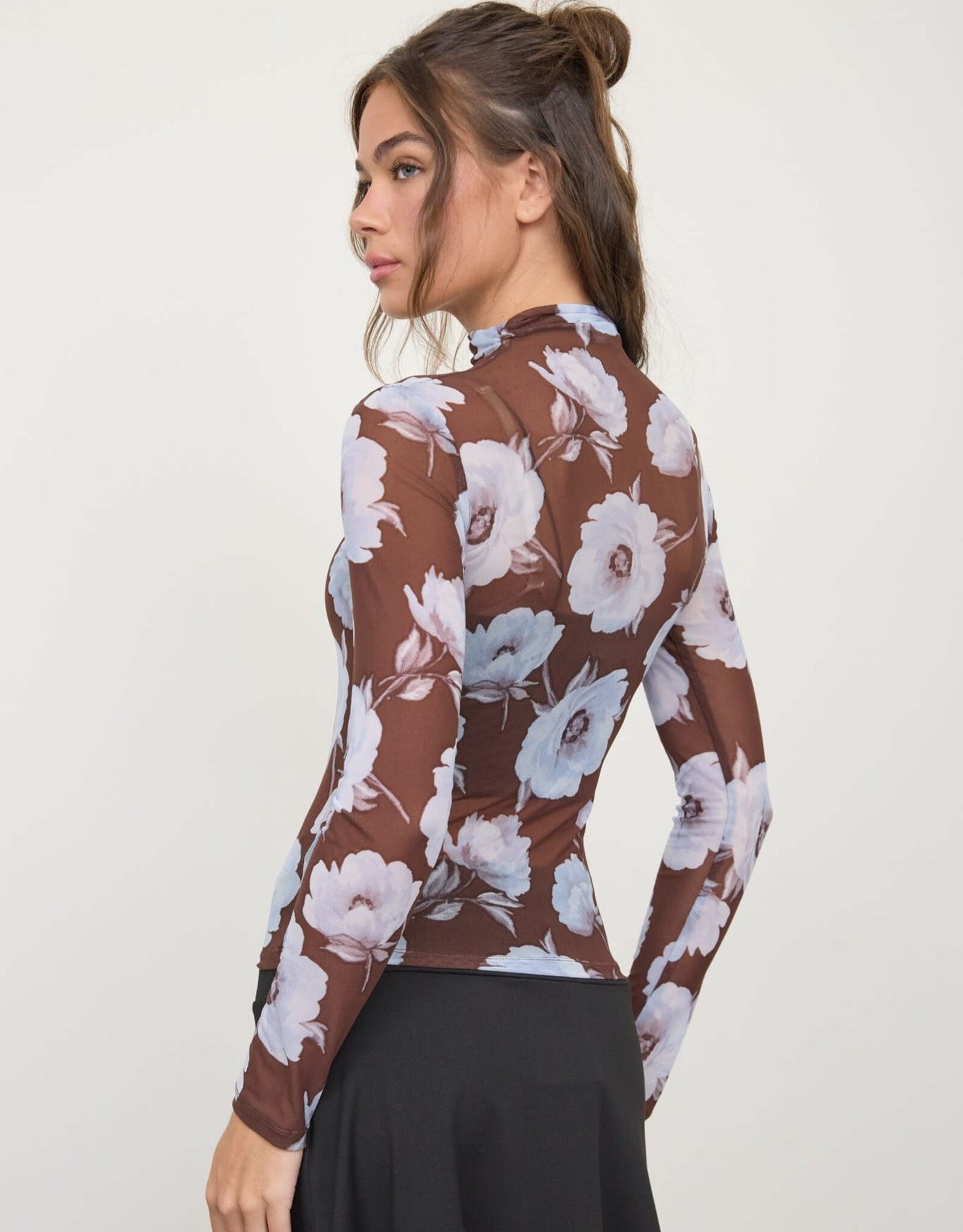 Miss Bliss Blu Mesh Floral Mock Neck LS Knit Top-Dark Brown