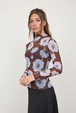 Miss Bliss Blu Mesh Floral Mock Neck LS Knit Top-Dark Brown