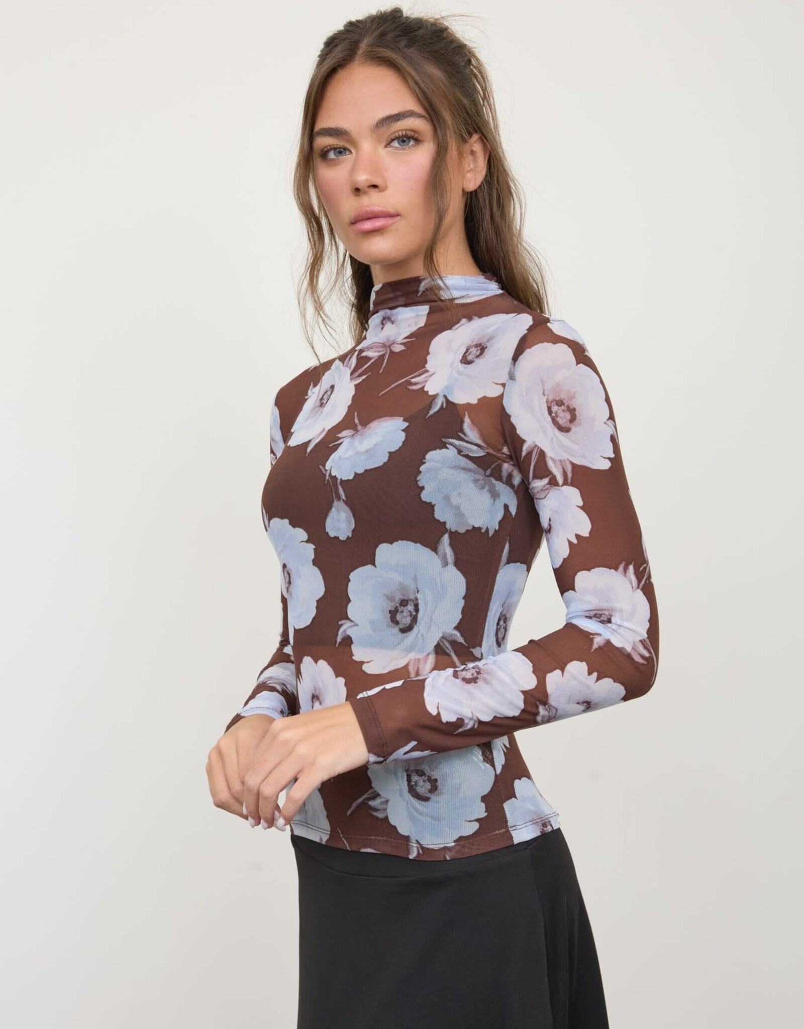 Miss Bliss Blu Mesh Floral Mock Neck LS Knit Top-Dark Brown