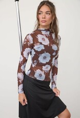 Miss Bliss Blu Mesh Floral Mock Neck LS Knit Top-Dark Brown