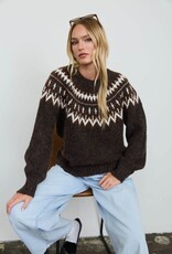 Miss Bliss Blu Fair Isle Yoke Crew Nck Knit Pullover Swtr-Brown